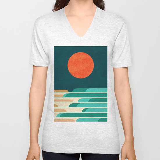 Chasing wave under the red moon Unisex V-Neck