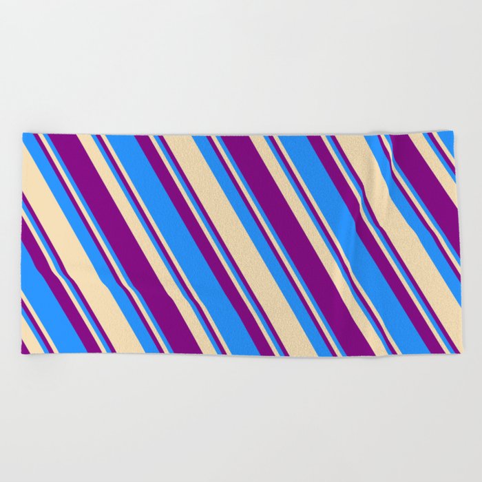 Blue, Tan, and Purple Colored Striped Pattern Beach Towel