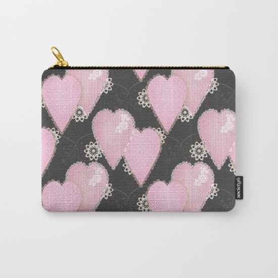 Retro . Applique. Textile pink hearts on a grey background . Patchwork . Carry-All Pouch