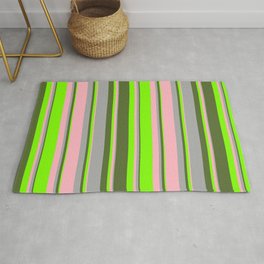 [ Thumbnail: Light Pink, Dark Grey, Dark Olive Green, and Chartreuse Colored Lines/Stripes Pattern Rug ]