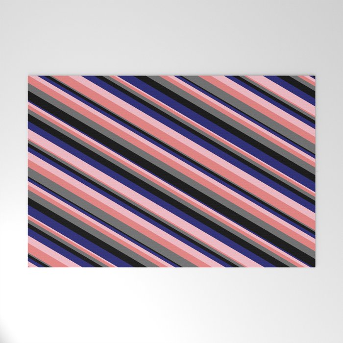 Eye-catching Pink, Light Coral, Dim Grey, Black, and Midnight Blue Colored Stripes Pattern Welcome Mat