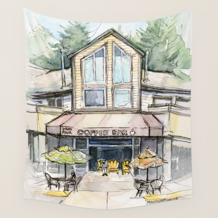 Coffee Shop Art Urban City Watercolor Wall Tapestry by Olechka Society6