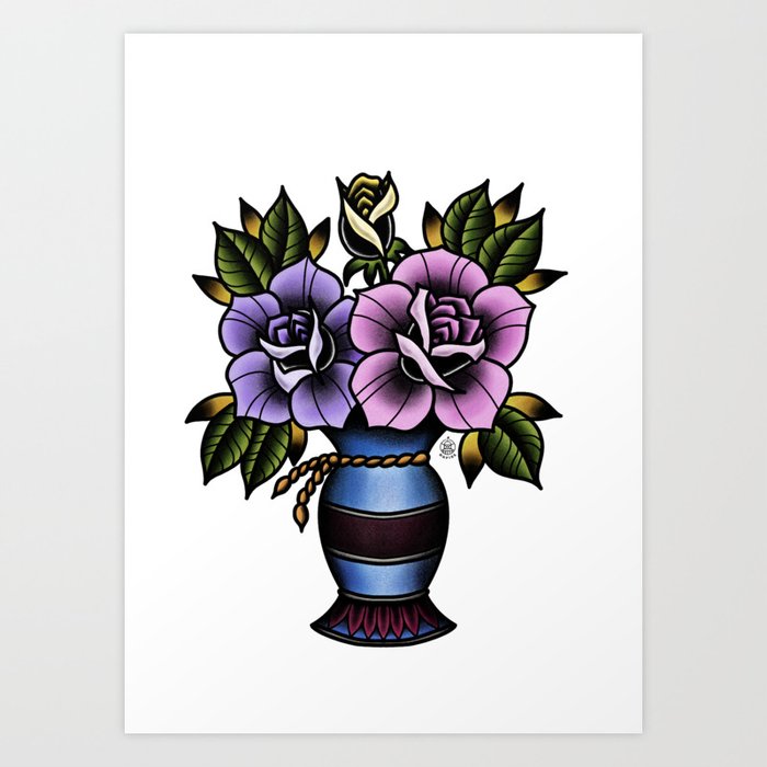 Color Rose Vase tattoo Art Print