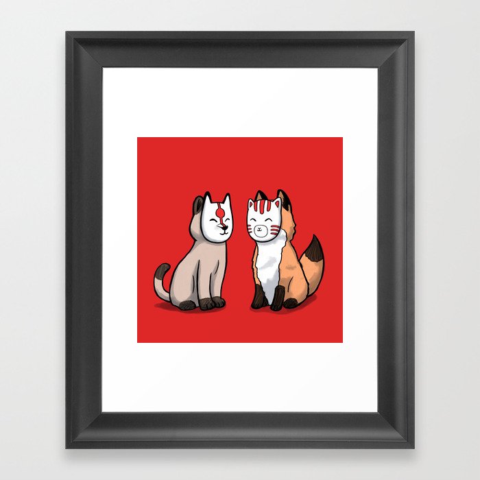 Cat and fox wearing japanese mask Framed Art Print