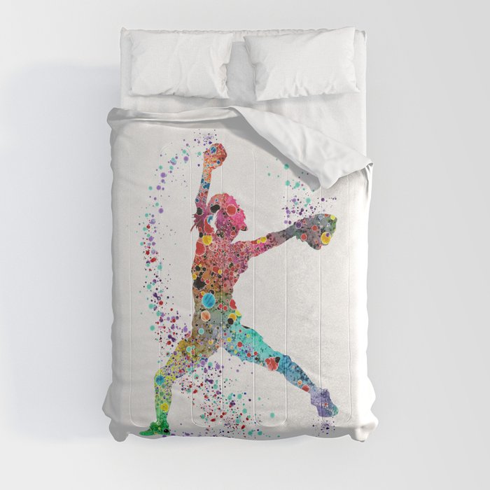 Baseball Softball Pitcher Watercolor Print Art Print Girl's Softball Painting Comforter