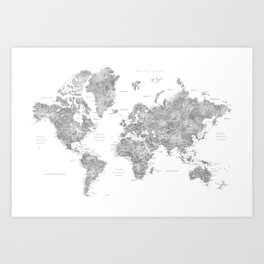 Grayscale watercolor world map with cities Art Print