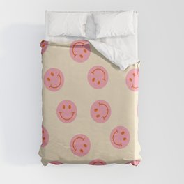 70s Retro Smiley Face Pattern in Beige & Pink Duvet Cover