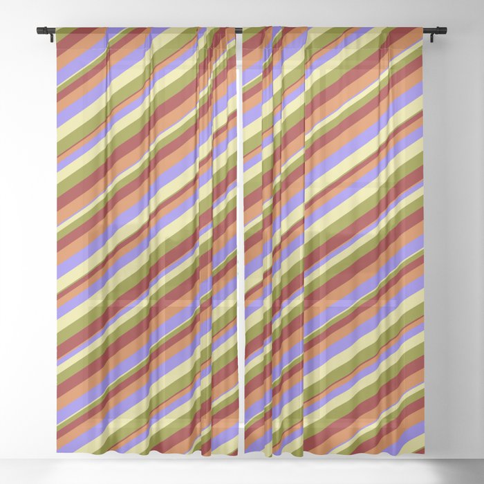 Eyecatching Medium Slate Blue, Tan, Green, Dark Red & Chocolate Colored Striped/Lined Pattern Sheer Curtain