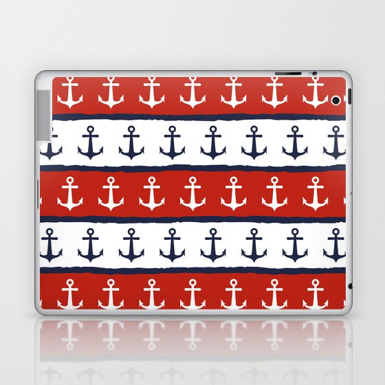 Navy Blue White Maroon Red Nautical Anchor Stripes Laptop & iPad Skin
