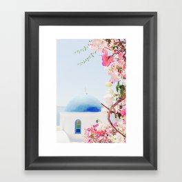 Santorini Greece Mamma Mia Pink Flowers Framed Art Print