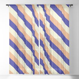 [ Thumbnail: Brown, Dark Blue & Light Yellow Colored Lined/Striped Pattern Sheer Curtain ]