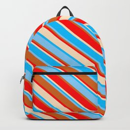 [ Thumbnail: Vibrant Deep Sky Blue, Light Sky Blue, Chocolate, Red & Bisque Colored Striped/Lined Pattern Backpack ]