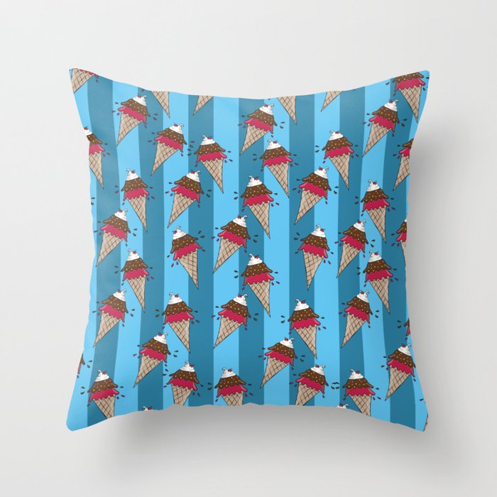 Yummy Ice Cream Cone Pattern on Striped Background Throw Pillow