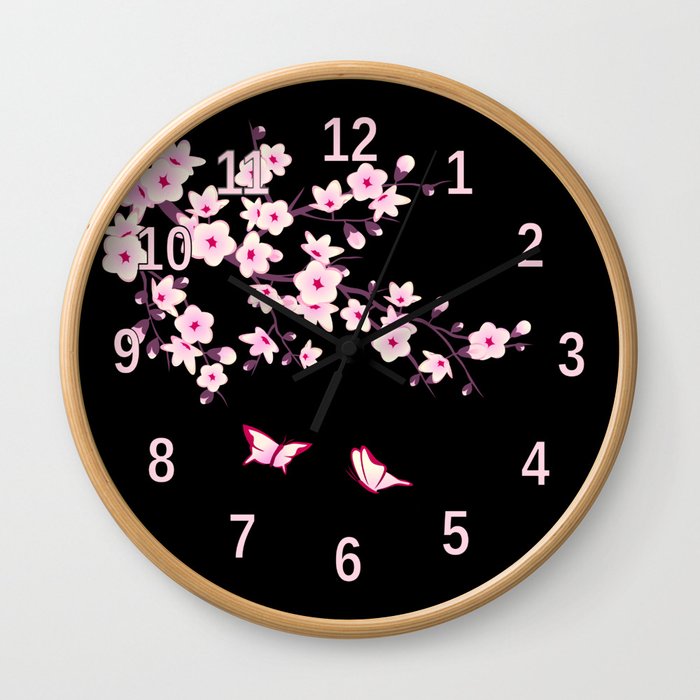 Cherry Blossom Pink Black Wall Clock