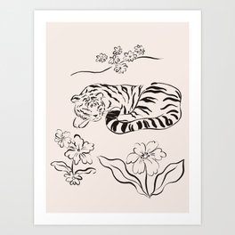Tiger and Flower Line Art Art Print