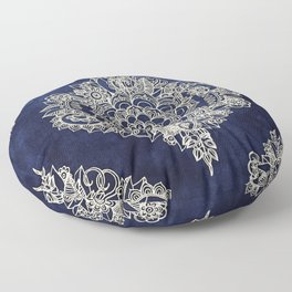 Cream Floral Moroccan Pattern on Deep Indigo Ink Floor Pillow