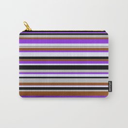 [ Thumbnail: Grey, Brown, Purple, Lavender & Black Colored Pattern of Stripes Carry-All Pouch ]
