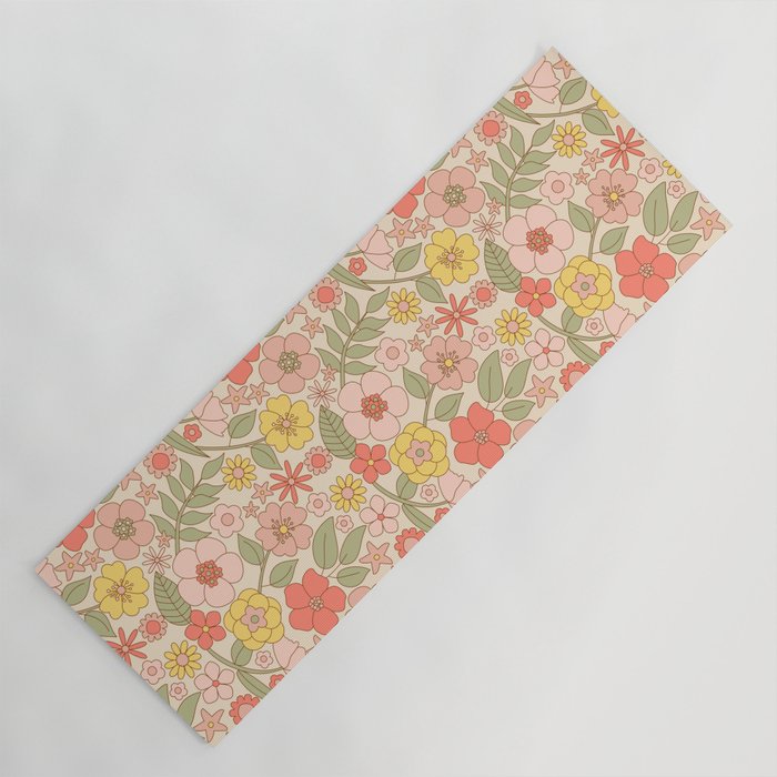 Retro 60s Floral Flower Power-Pastel on Cream  Yoga Mat