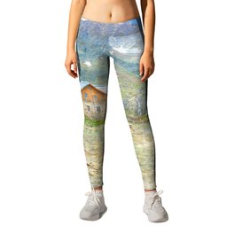 mountain cabin impressionism painted realistic scene Leggings