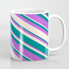 [ Thumbnail: Orchid, Beige & Teal Colored Lines Pattern Coffee Mug ]