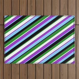 [ Thumbnail: Dark Orchid, Light Sky Blue, Black, Forest Green, and White Colored Lines Pattern Outdoor Rug ]