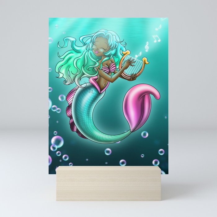 African American Mermaid and Harp Mini Art Print