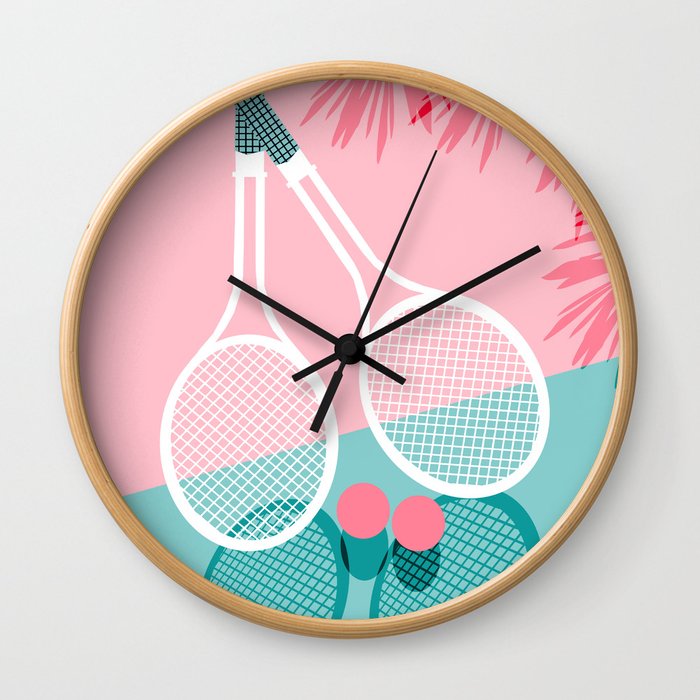 - retro minimal pastel neon throwback memphis style pop art tennis court player Wall Clock by Wacka | Society6