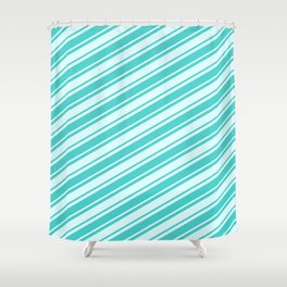 [ Thumbnail: Light Cyan & Turquoise Colored Striped/Lined Pattern Shower Curtain ]
