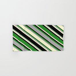 [ Thumbnail: Forest Green, Dark Grey, Light Yellow, and Black Colored Pattern of Stripes Hand & Bath Towel ]