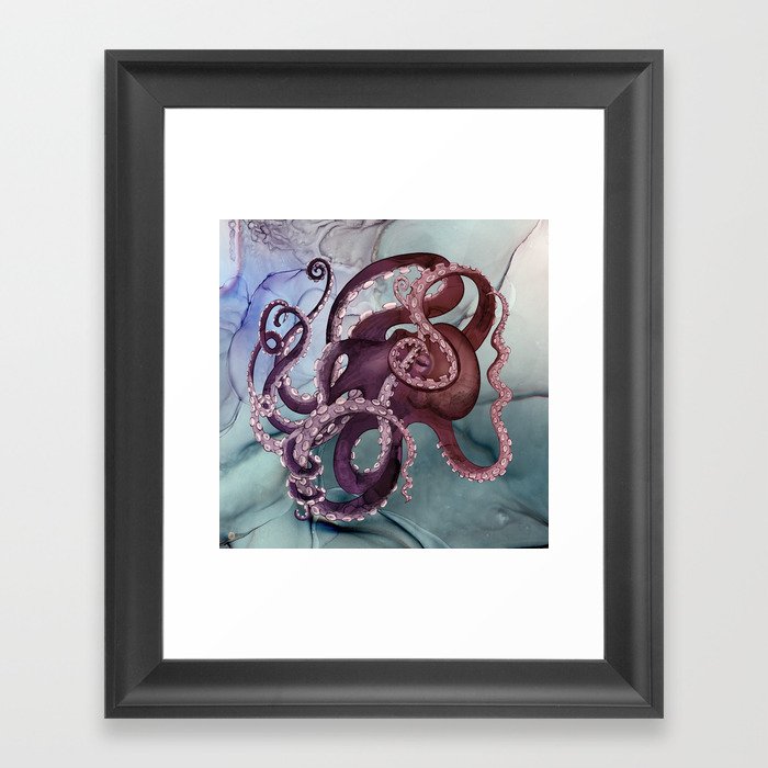 Purple Octopus Monster in a River of Teal Ink Framed Art Print