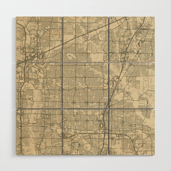 USA, Plano City Map Wood Wall Art