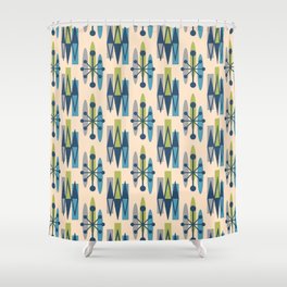 Mid Century Modern Atomic Starburst Pattern 337 Mid Mod Green and Blue Shower Curtain