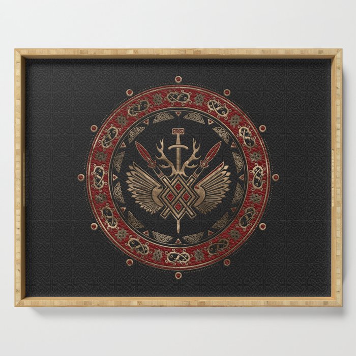 Gungnir - Spear of Odin Black and Red Leather and gold Serving Tray