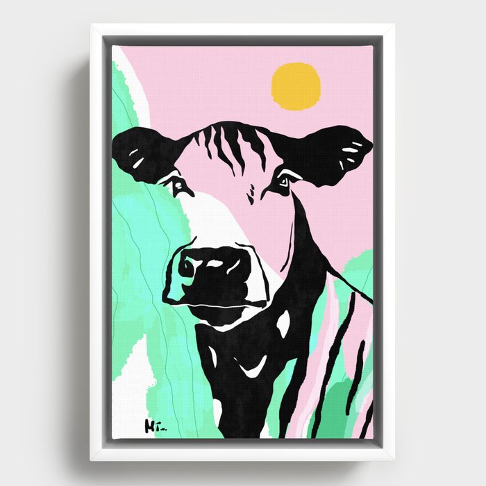 Mr. Cow - Colorful Pop Art - | pink green turquoise black yellow white | Framed Canvas