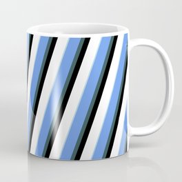 [ Thumbnail: Eyecatching Cornflower Blue, Dark Slate Gray, Black, White, and Light Blue Colored Striped Pattern Coffee Mug ]