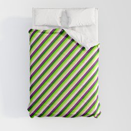 [ Thumbnail: Eyecatching Chartreuse, Tan, White, Purple, and Dark Green Colored Lined Pattern Comforter ]