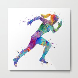 Girl Running Track and Field Art Colorful Watercolor Sports Gift Metal Print