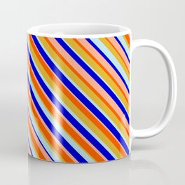 [ Thumbnail: Eye-catching Red, Goldenrod, Powder Blue, Blue, and Light Salmon Colored Lined/Striped Pattern Coffee Mug ]