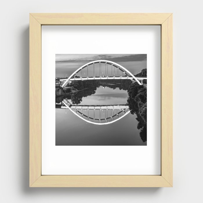 Nashville Tennessee Bridge Reflections On The Cumberland - Black And White Recessed Framed Print