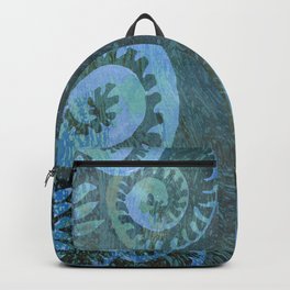 Blue Green River Foam + Watercolor Plants  Backpack | Painting, Botanical, Fantasy, Swirls, Green, Enchanted, Batik, Fiddlehead, Sea, Blue 