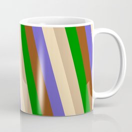 [ Thumbnail: Eye-catching Brown, Green, Tan, Beige & Slate Blue Colored Pattern of Stripes Coffee Mug ]