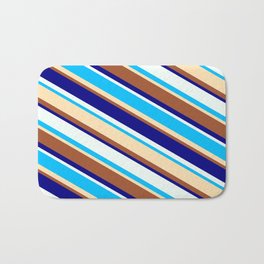 [ Thumbnail: Vibrant Deep Sky Blue, Beige, Sienna, Blue, and Mint Cream Colored Lines/Stripes Pattern Bath Mat ]