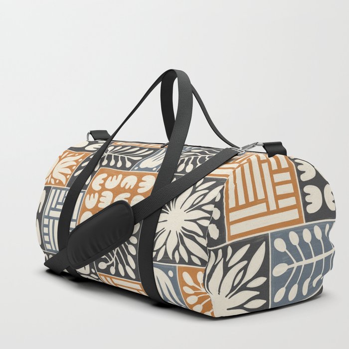 Stylized Floral Patchwork in Rumba Orange, Spade Black and Slate Gray Color Duffle Bag