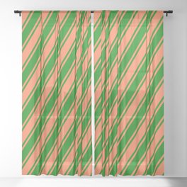 [ Thumbnail: Coral and Green Colored Stripes Pattern Sheer Curtain ]