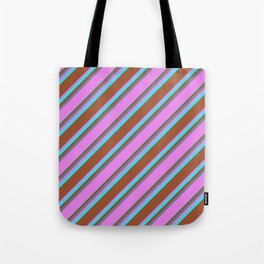 [ Thumbnail: Slate Gray, Violet, Aqua & Sienna Colored Striped/Lined Pattern Tote Bag ]