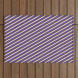 [ Thumbnail: Colorful Plum, Blue, Goldenrod, Black & White Colored Striped Pattern Outdoor Rug ]