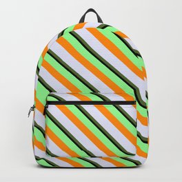 [ Thumbnail: Colorful Green, Dark Orange, Lavender, Dark Olive Green, and Black Colored Lined Pattern Backpack ]