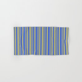 [ Thumbnail: Dark Khaki & Royal Blue Colored Striped Pattern Hand & Bath Towel ]