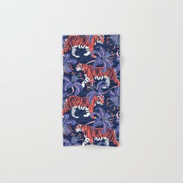 Tigers in a tiger lily garden // textured navy blue background coral wild animals very peri flowers Hand & Bath Towel