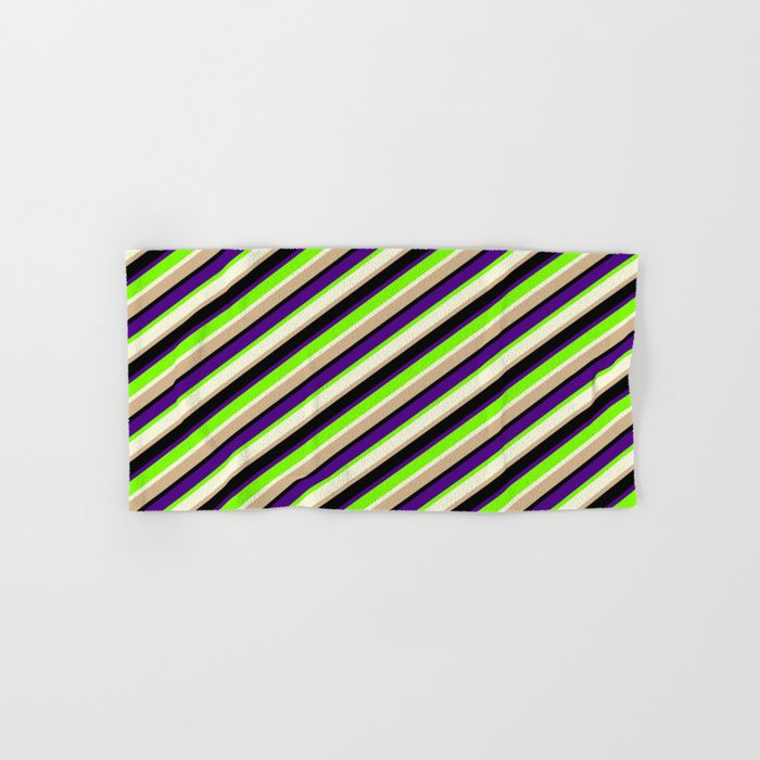 Eyecatching Indigo, Green, Beige, Tan, and Black Colored Lined/Striped Pattern Hand & Bath Towel
